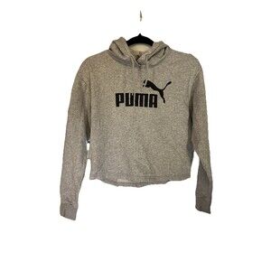 Puma Women’s Gray Cropped Hoodie Black Logo Long Sleeve Size Medium